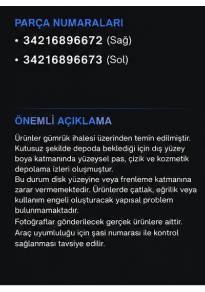 Bmw Logolu Arka Fren Diski Takımı G30 G11 G12 G15 34216896672 34216896673