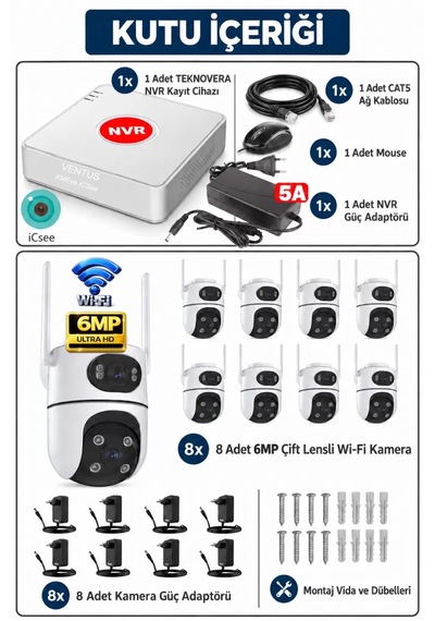 İcsee16 Kameralı 8 Adet 6mp Dual Lens Kamera Ve Nvr Güvenlik Kamera Seti