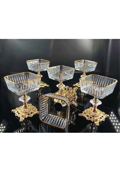 Assa Bazaar 6 Adet Gold Ayaklı Cam Magnolia Kase Dondurmalık Şekerlik Tatlı Sunumluk Altın