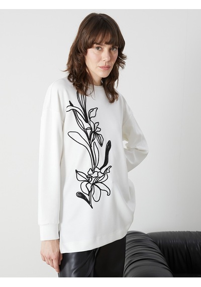 Lcwaıkıkı Classic Beyaz Bisiklet Yaka Baskılı Oversize Kadın Tunik