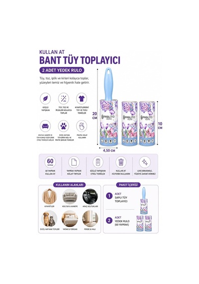 Saplı Tüy Toplayıcı Rulo Seti 2'li Yedek Rulolu 60 Yaprak Kullan At Bantlı Güçlü Yapışkan Temizlik Rulosu, Diğer