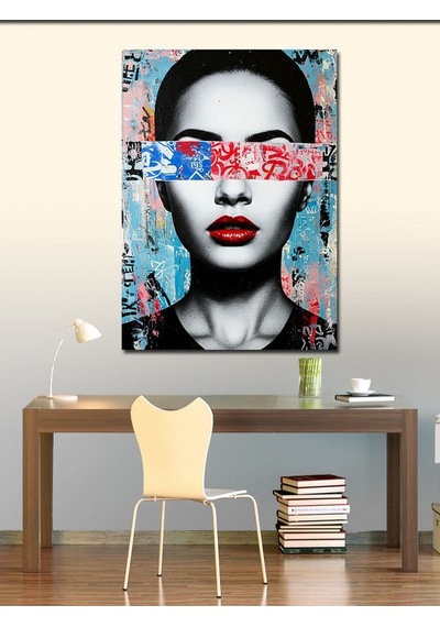 Kanvas Tablo Soyut Yüz Ve Kırmızı Bantlı Sanat 70cmx100cm