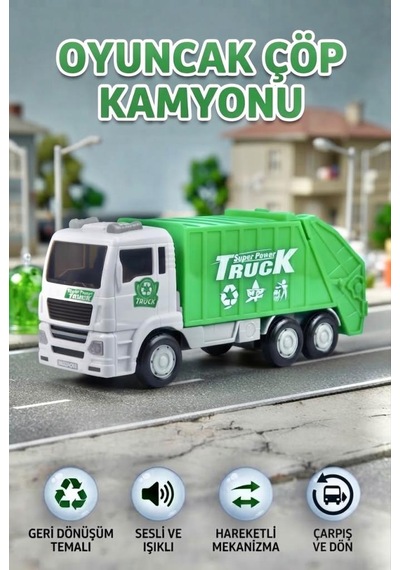 Oyuncak Çöp Kamyonu Sesli Işıklı Çarp Dön Özellikli Hareketli Çöp Arabası 1/20 Ölçek 25 Cm