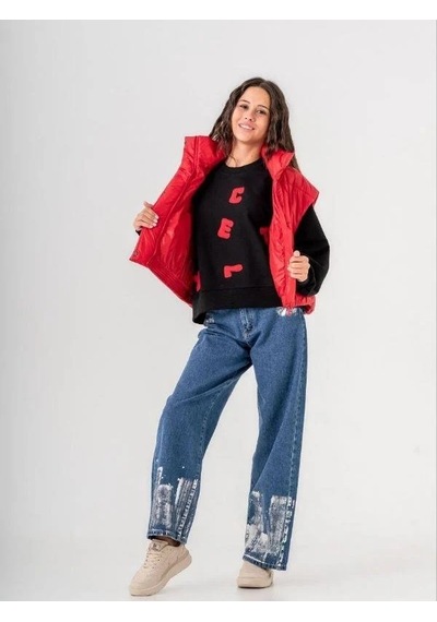 Kız Çocuk Mevsimlik Harf Aplikeli 3 İplik Sweatshirt-14771 Siyah