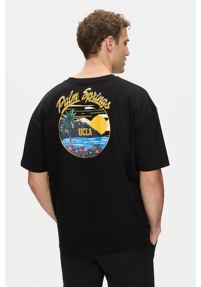 Ucla Kaıus Siyah Bisiklet Yaka Baskılı Ve Nakışlı %100 Pamuk Oversize Erkek Tshirt