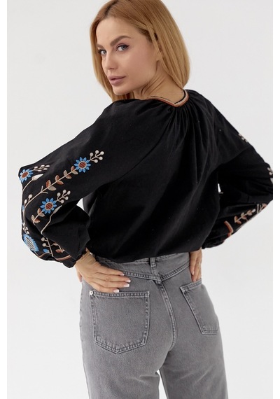 Femelle Kadın Siyah Püsküllü Vintage Nakışlı Pamuklu Bluz