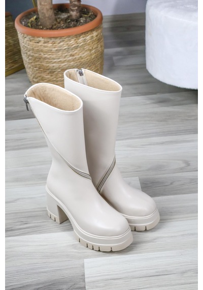 Asmi Shoes Kadın Liva Döner Fermuarlı 8 Cm Topuklu Bot Krem Krem
