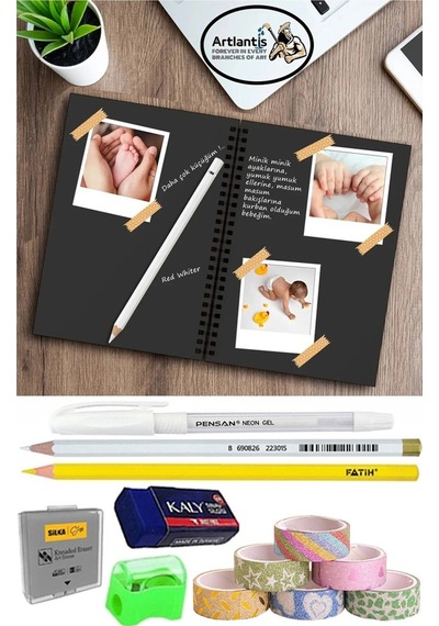 Telli Siyah Defter A5 40 Yaprak Eskiz Fotoğraf Albümü Simli Bant Sarı Beyaz Kurşun Jel Kalem Sigi Kalemtarş Hamur Silgi