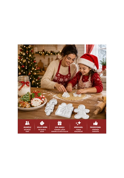 5'li Yılbaşı Konseptli Kurabiye Ve Şeker Hamuru Kalıbı Seti - Noel Baba, Çam Ağacı, Kurabiye Adam, Hediye Paketi, Baston Şeker