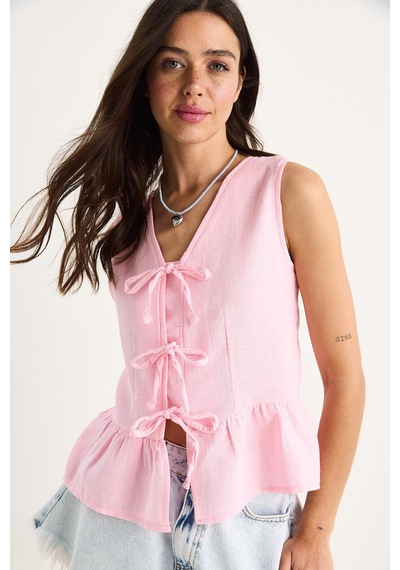 Shade Kadın V Yaka Fiyonk Detaylı Müslin Peplum Bluz G28-4883 60283356 - Pembe