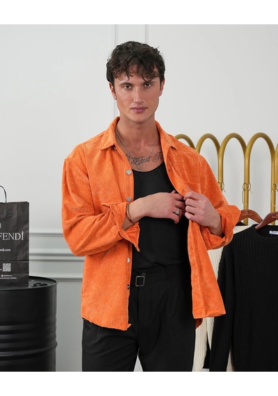 Modefendi Fitil Kadife Oversize Gömlek Turuncu