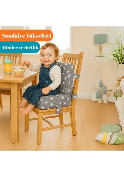 Yatella Bebekler Ve Çocuklar İçin Sandalye Yükseltici Mama Sandalyesi Minderi Gri Yıldız