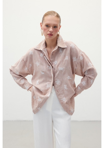 Sateen Salaş Nakışlı Gömlek - Pudra-136253 Pudra