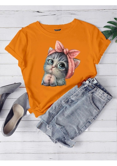 Oversize Turuncu Sevimli Minik Kedi Baskılı T-shirt Unisex Rahat Kalıp Turuncu
