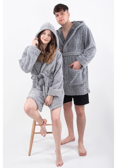 Zeynep Tekstil Plain Unisex Sabahlık Bornoz Wellsoft Peluş Kapüşonlu Sabahlık Gri