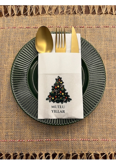 Yılbaşı Ağacı Mutlu Yıllar Baskılı Yılbaşı Kanguru Cepli Peçete Beyaz12 Adet