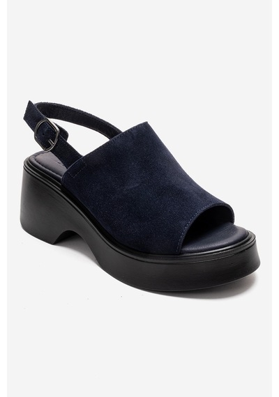 Luvishoes Power Lacivert Süet Hakiki Deri Kadın Dolgu Topuklu Sandalet