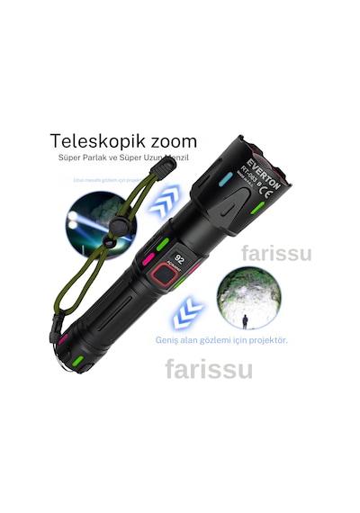 Rt-063 B 60w 6000 Lümen Ultra Güçlü Beyaz Lazer Led El Feneri - 2 Km Menzilli & Powerbank Özellikli Siyah
