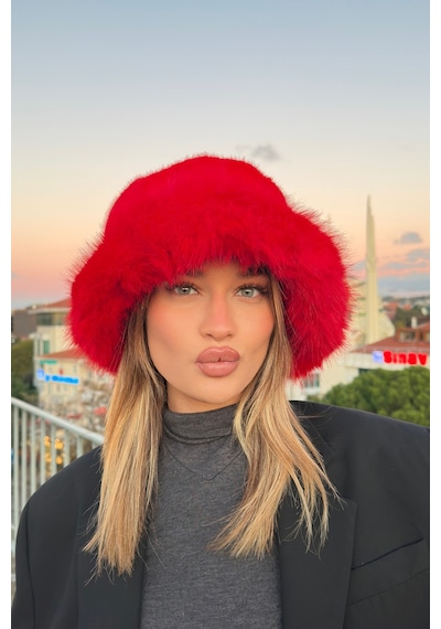 Mollycrush Suni Kürklü Peluş Bucket Kalpak Şapka Luxury Kadın Kırmızı Rus Slav Tarzı Kırmızı
