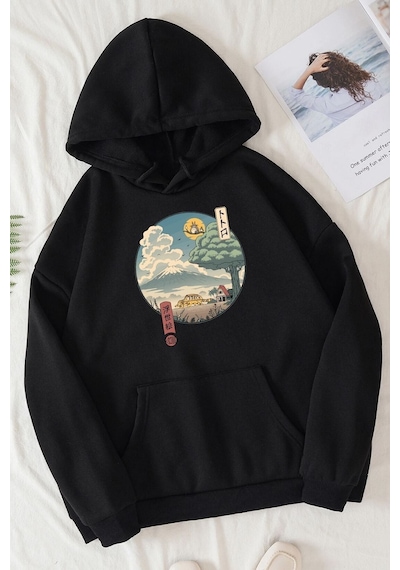 Uyguntarz Unisex Neighbor's Ukiyo E Baskılı Bisiklet Yaka Sweatshirt Siyah