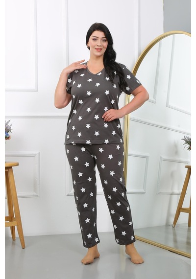 Akbeniz Kadın Büyük Beden Kısa Kol Penye Pijama Takımı Füme 202407-füme Füme Akbeniz Kadın Büyük Beden Kısa Kol Penye Pijama Takımı Füme 202407-füme Füme