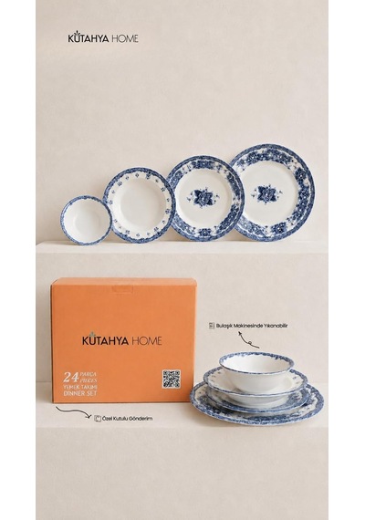 Blue Romance 24 Parça Porselen Yemek Takımı, Mavi Çiçekli, Kütahya Home Çok Renkli