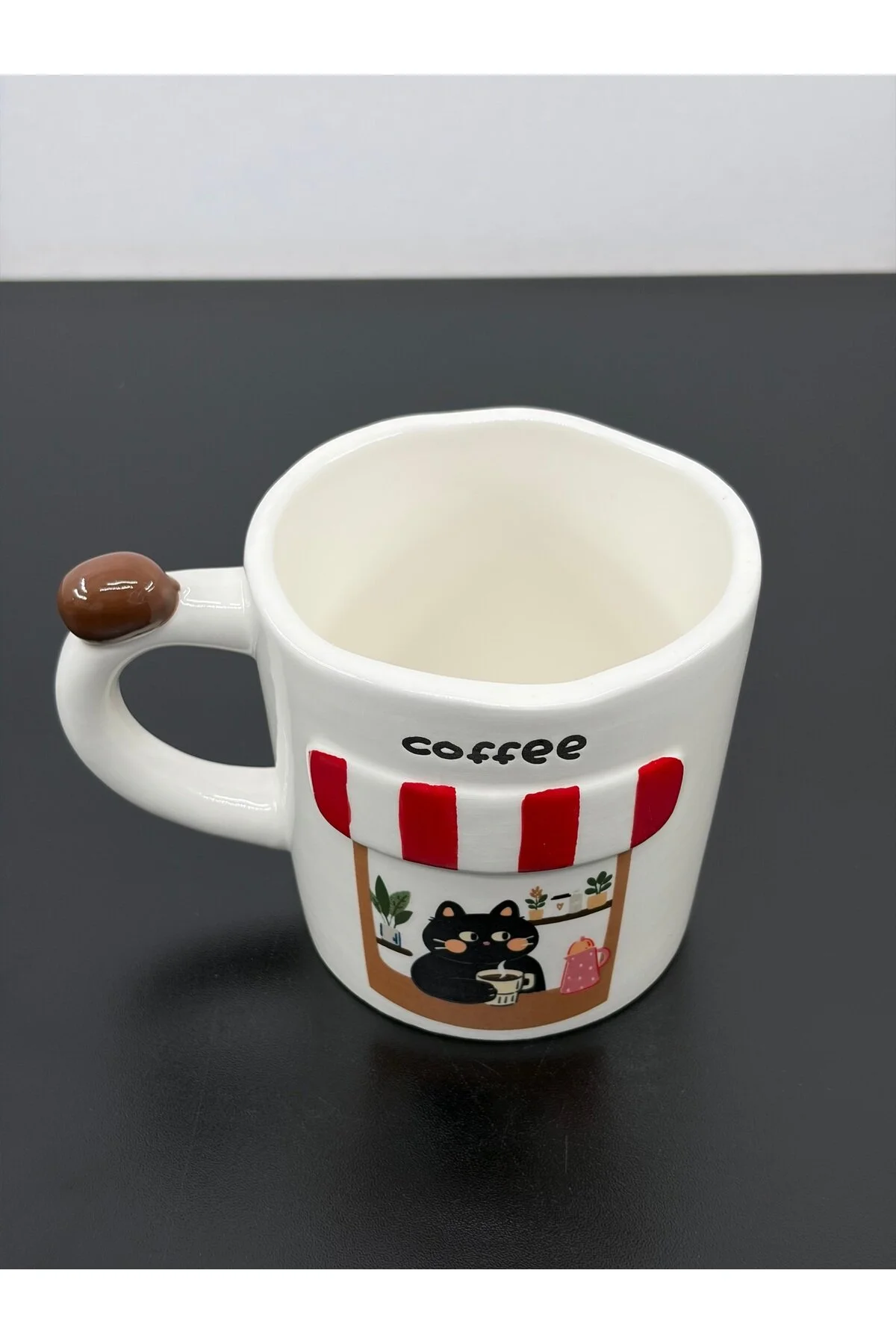 Acar Porselen Lüks Büyük Boy Coffee Dekor Kedili Bardak Kupa 400ml Kırmızı