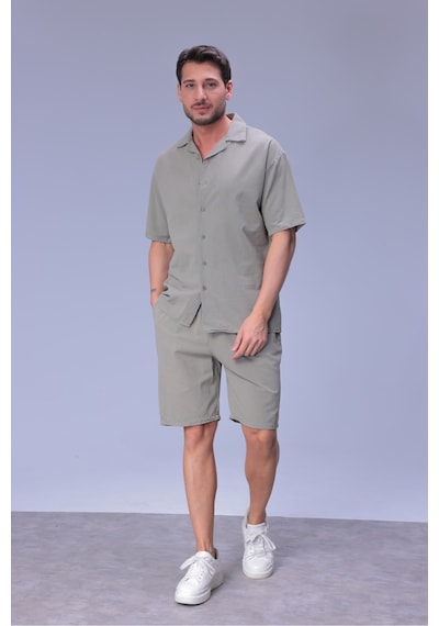 Erkek Rahat Kalıp Cepli Keten Gömlek Ve Beli Lastikli Şort Yazlık Oversize Takım Çağla Yeşili