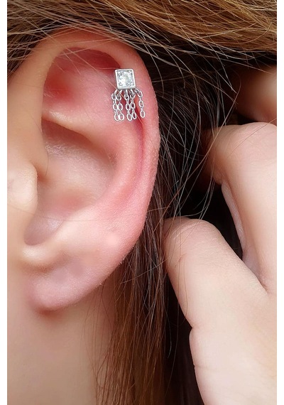 Zirkon Taş Detaylı 925ayar Gümüş Üzerine Altın Kaplama Kıkırdak Tragus Piercing Gümüş