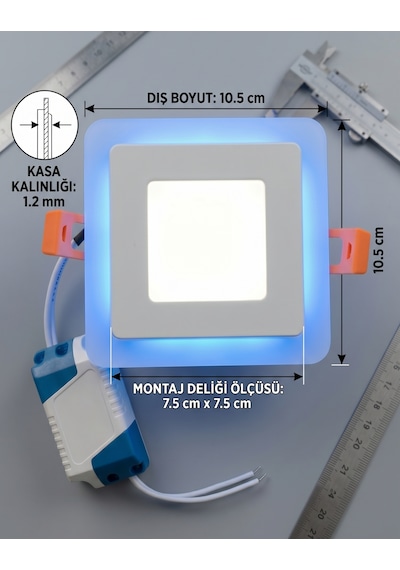 Kare Sıva Altı Led Spot Aydınlatma 6 Watt Çift Renk 3 Kademe Mavi Beyaz Gece Lambası Armatür Beyaz - Mavi