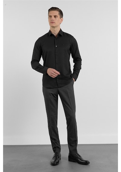 İmza Siyah Sert Yaka Uzun Kol Cepsiz Slim Fit Pamuklu Gömlek 1004255284