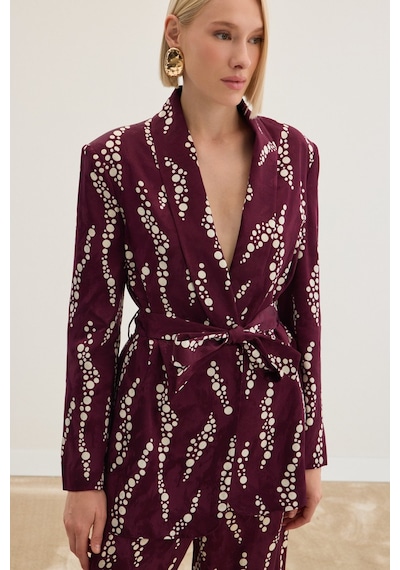 Sateen Desenli Uzun Ceket - Bordo-136475 Bordo