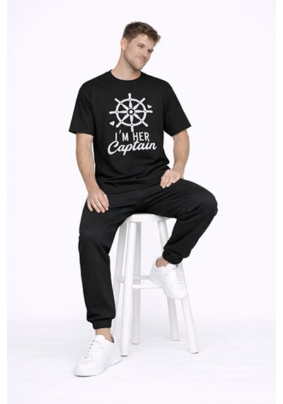 Sevgili Kombini Oversize Çift Tişört Unisex Captain Anchor Baskıl Siyah