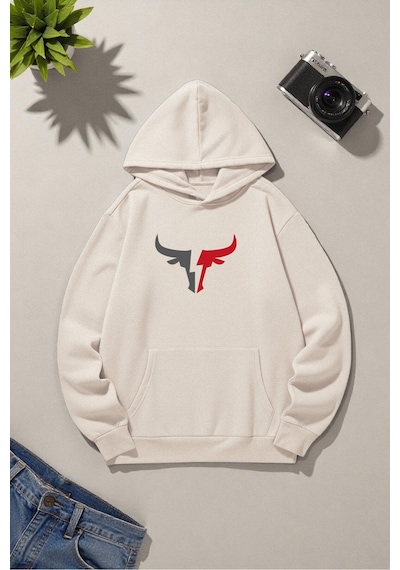 Uyguntarz Boğa Tasarım Baskılı Unisex Oversize Sweatshirt Bej