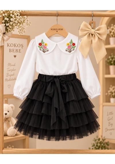 Kokoş Bebe Çiçek Yakalı Bluz Tüllü Etek Tokalı Kız Çocuk Takım - 5/12 Yaş - 31929 Siyah