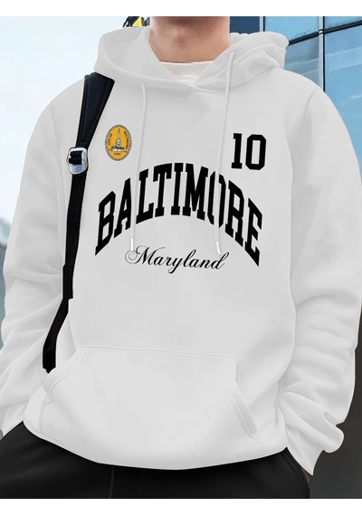 Startmore Tarzsokak Baltimore Maryland Amblemi Baskılı Kapüşonlular Erkek Sportif Gevşek Tişörtü Kış Polar Sıcak Beyaz