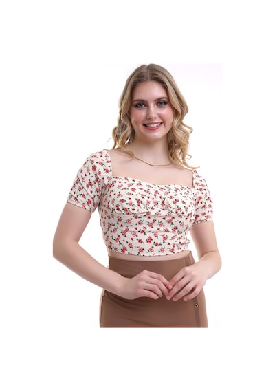 Mois Atelier Krem Kırmızı Çiçek Desenli Kare Yaka Kısa Kol Kadın Bluz Tasarım Hediye Büyük Beden