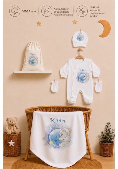 Pia Baby İsme Özel Hastane Çıkışı %100 Pamuk Erkek Bebek Organik Baskılı Tulum Set Keseli Hediyelik 2093tybkyx Krem