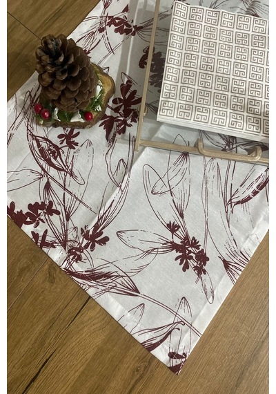 40x150 Bordo Çiçekli İnce Keten Dekoratif Runner