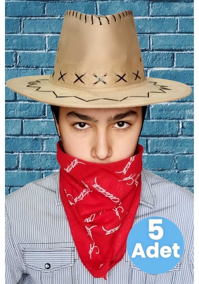 Uniquetrenders Çocuk Unisex Bandanalı 5'li Nubuk Kovboy Şapkası 8-14 Yaş Koyu Bej 5