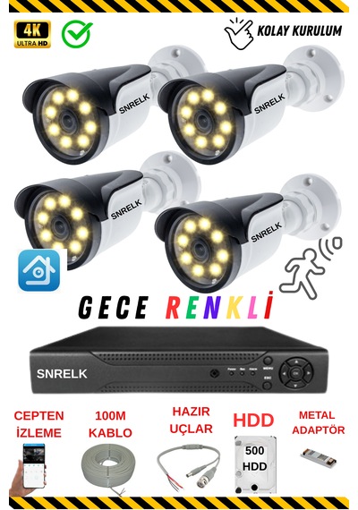 SNRELK - HAMA 4'lü 500GB 5Mp Lens Gece Renkli Su Geçirmez Güvenlik kamerası Set
