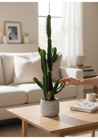 Yapay Kaktüs Euphorbia İngens Şamdan Ağacı Beton Saksıda Yapay Bitki 70cm Yeşil