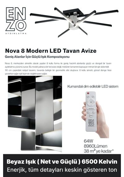 Nova 8 Silver Led Tavan Avize Kumandalı Dim Edilebilir Aşağı Işık Beyaz Işık