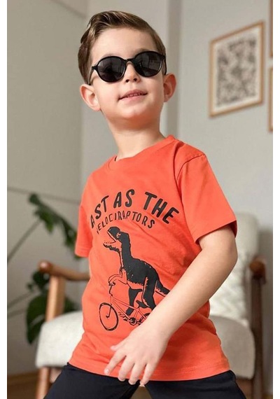 Riccotarz Erkek Çocuk Dinazor Ve Bisiklet Baskılı Turuncu T-shirt Penye Şortlu Takım Turuncu