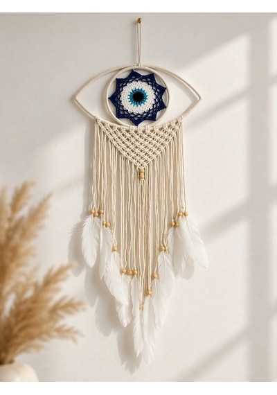 Nazar Motifli Düş Kapanı Rüya Kapanı Dream Catcher Beyaz Tüylü Bohem Duvar Süsü Bohem El Yapımı Düş Kapanı