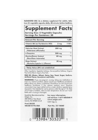 Solgar Sleep Stress Support Valerian Root Theanine 60 Vegetable Caps