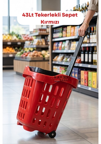 43 Lt Tekerlekli Market Sepeti Plastik Alışveriş Sepeti Ergonomik Çift Saplı Kırmızı