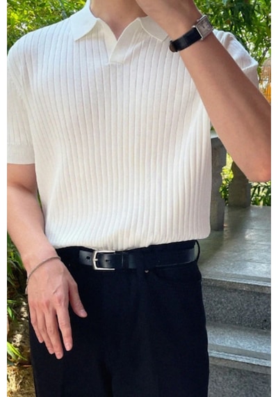 Erkek Fitilli Polo Yaka Triko T-shirt Beyaz