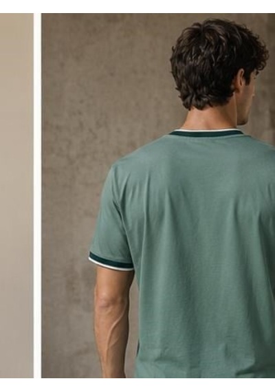 Ribana Erkek Kısa Kollu Bisiklet Yaka Şerit Detaylı Düz Renk T-shirt 4224 Haki