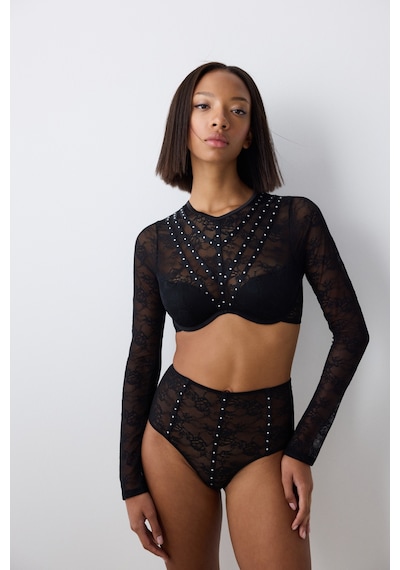 Penti Shinny Lace Dantel Uzun Kollu Siyah Croplet